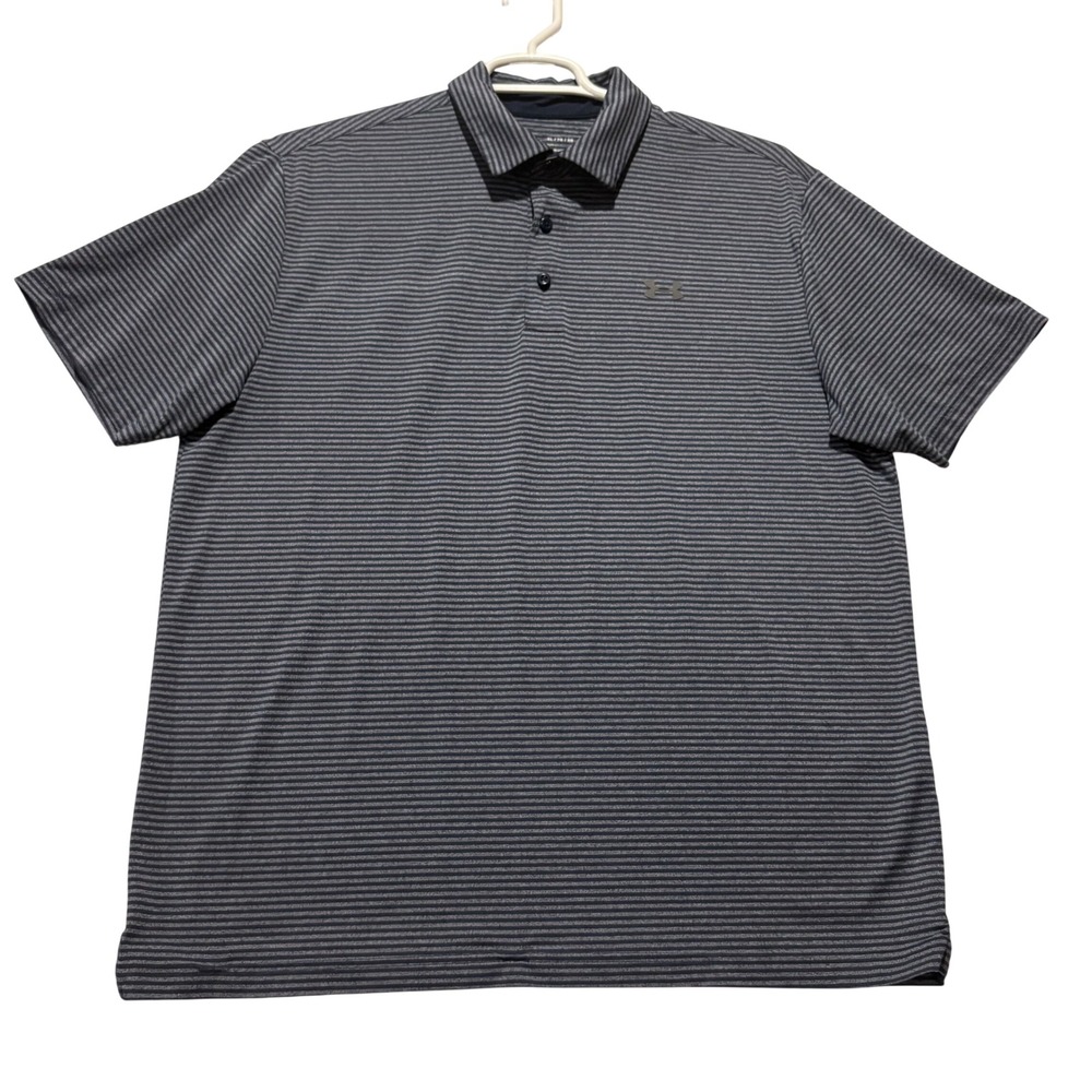 Under Armour Men's Heatgear Loose‎ Fit Navy Striped Grey Golf Polo Shirt XL - Picture 2 of 6